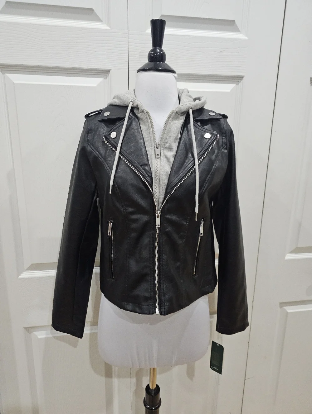Women's Sebby Punk Biker Moto Black Faux Leather Gray Hoodie Zip Jacket Coat S - Picture 2 of 9